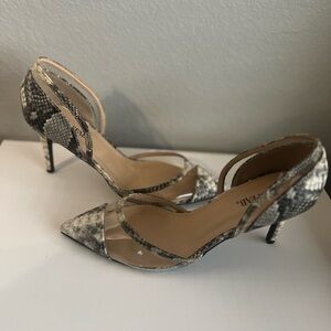 JustFab Faux Snakeskin Clear Panel Pointed Toe Stiletto Heels Size 9 4 inch